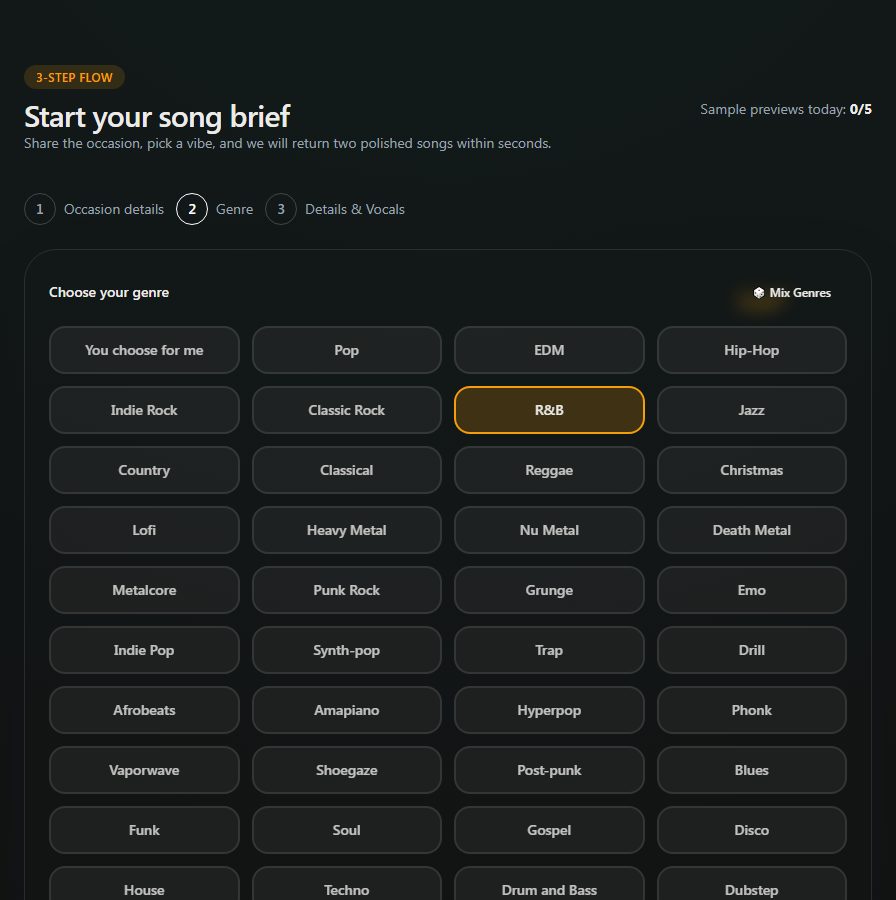 Screenshot of genre selection screen for anniversary song.