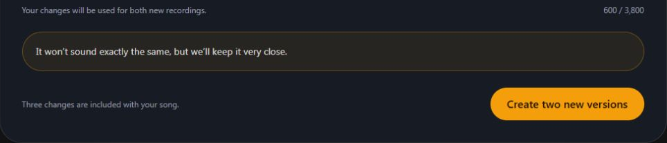 Create two new versions becomes available after the lyrics are changed. Computer view. Highlighted: Create two new versions.