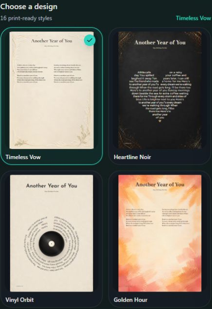 Current lyric-print designs, with the selected design marked by a tick. Computer view. Highlighted: Choose a print design.