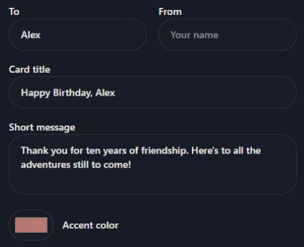 The QR card name, title, message and accent-color fields. Computer view. Highlighted: Fill in To and From, Add a title and short message, Choose an accent color.