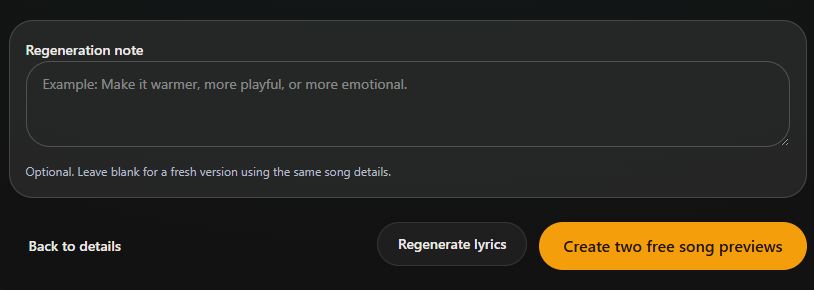 Select Create two free song previews after checking the lyrics. Desktop view. Highlighted: Create both versions.