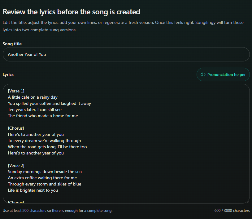Edit the song title and lyrics directly in the lyrics review screen. Desktop view. Highlighted: Edit the title, Edit the lyrics.