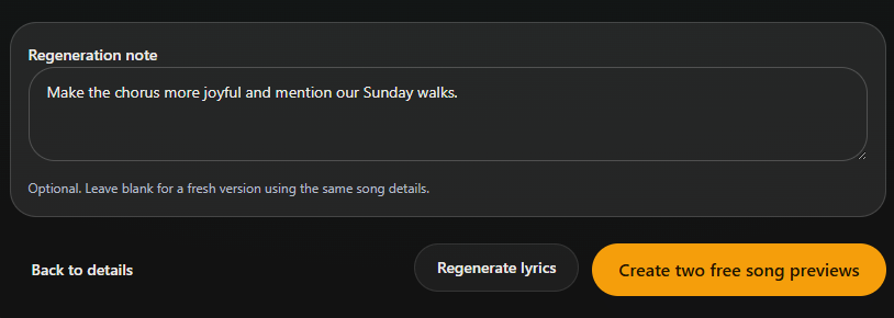 Write a regeneration note and select Regenerate lyrics for a new draft. Desktop view. Highlighted: Describe your changes, Regenerate lyrics.