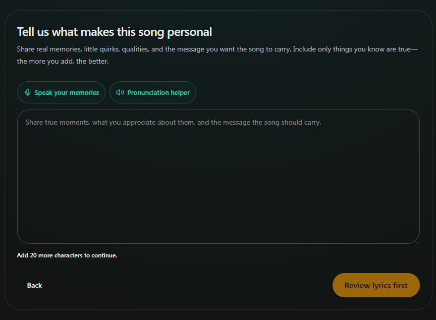 The memories box accepts personal details about the person and your story. Desktop view. Highlighted: Add your memories.