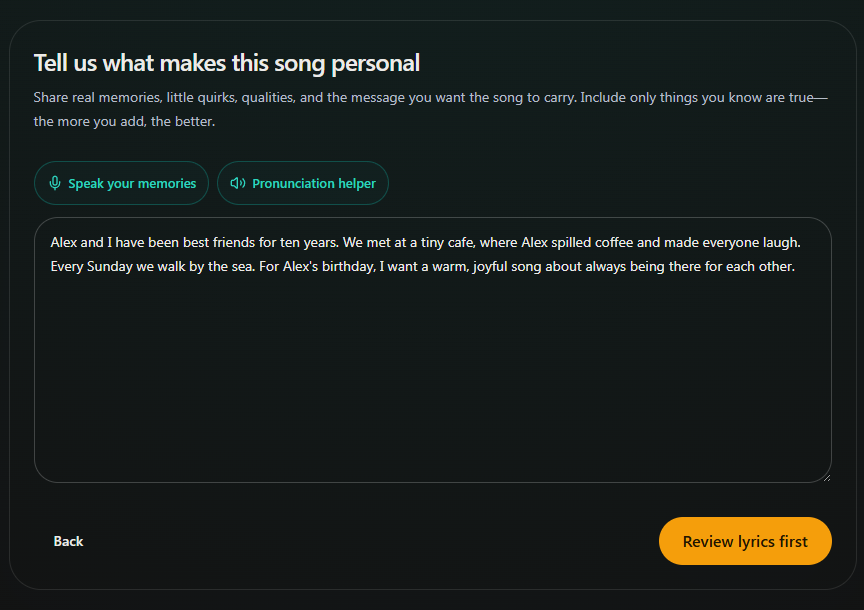 Personal memories entered with Review lyrics first ready below. Desktop view. Highlighted: Add your memories, Review lyrics first.