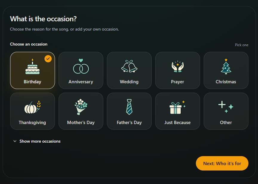 Choose Birthday and select Next: Who it's for in the song creator. Desktop view. Highlighted: Choose an occasion, Continue.
