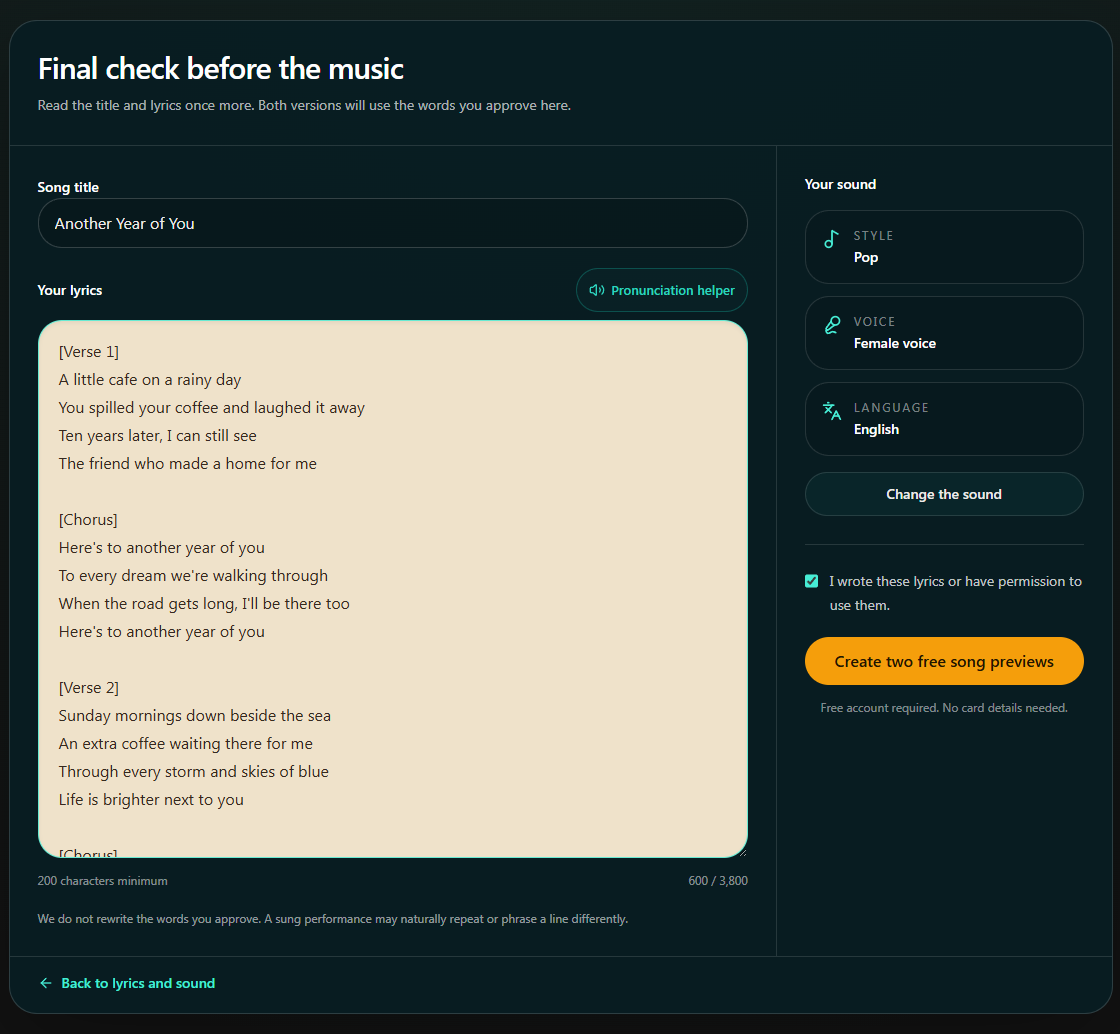 Check your own lyrics and confirm permission before creating the song previews. Desktop view. Highlighted: Confirm permission, Create both versions.