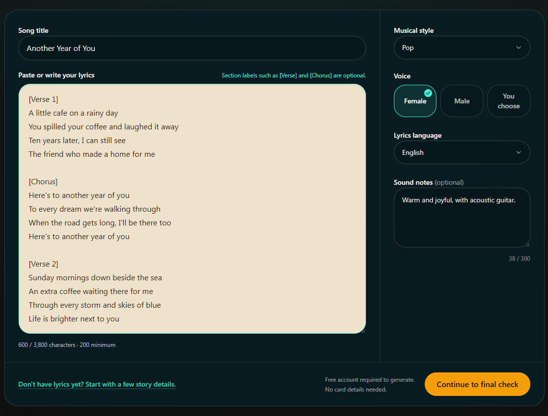 Choose musical style, voice and lyrics language before the final check. Desktop view. Highlighted: Musical style, Lyrics language, Continue.