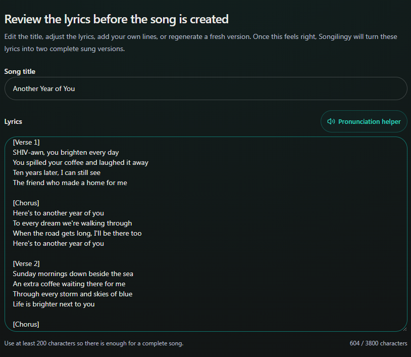 SHIV-awn replaces Siobhan in the editable lyrics before the music is made. Desktop view. Highlighted: Replace the name with SHIV-awn.