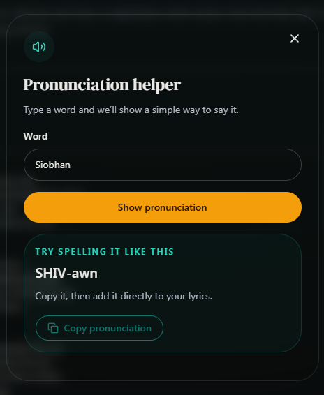The pronunciation suggestion SHIV-awn with Copy pronunciation and the close button. Desktop view. Highlighted: Suggested spelling, Copy pronunciation, Close helper.