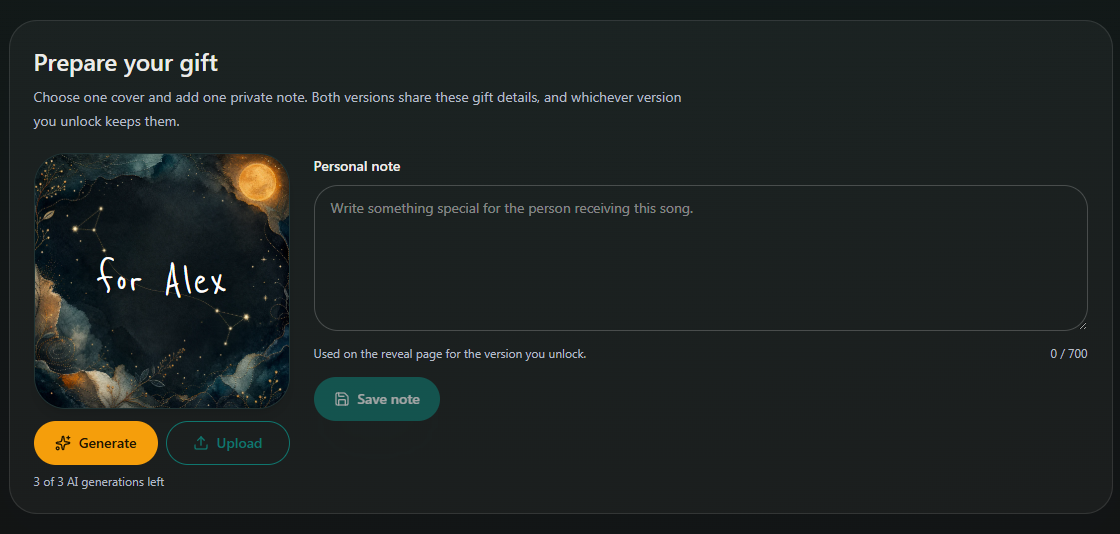 Prepare your gift with a cover, Generate or Upload buttons and an optional personal note. Desktop view. Highlighted: Generate a cover, Upload your photo, Optional note, Save note.