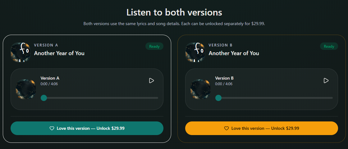 Version A and Version B each have a separate play button. Desktop view. Highlighted: Play Version A, Play Version B.