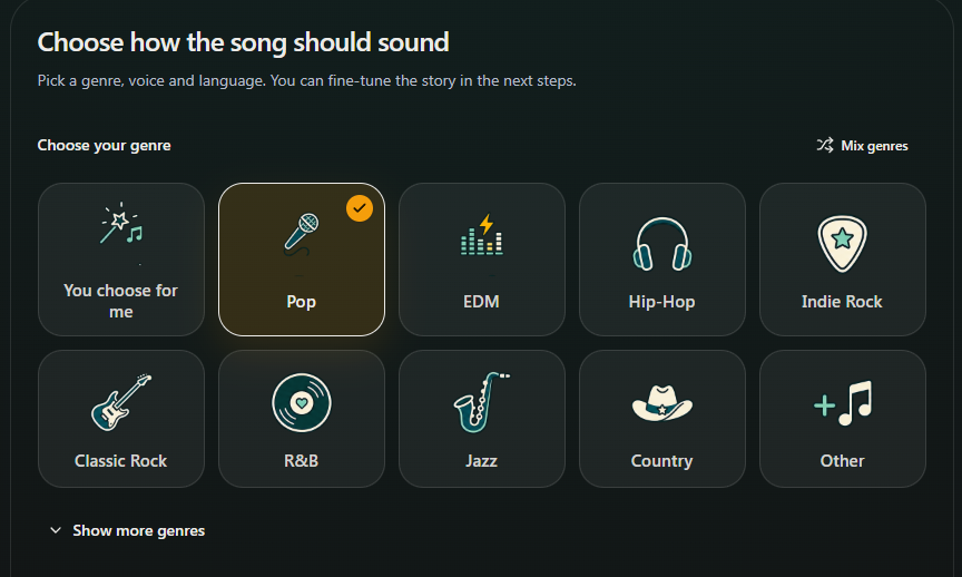 Choose a music genre such as Pop; more genres are available below. Desktop view. Highlighted: Choose a genre, More styles.