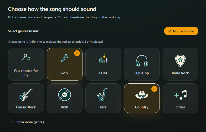 Pop and Country selected together with Mix mode active. Desktop view. Highlighted: Mix mode, First genre, Second genre.