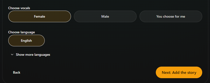 Choose the voice and language, then continue to the story. Desktop view. Highlighted: Choose vocals, Choose language, Continue.