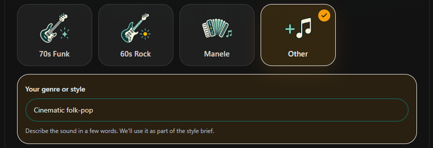 The Other genre option opens a field for your own musical style. Desktop view. Highlighted: Other, Describe your style.