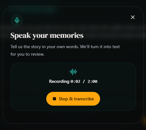 During a voice note, select Stop & transcribe when finished. Desktop view. Highlighted: Stop and transcribe.