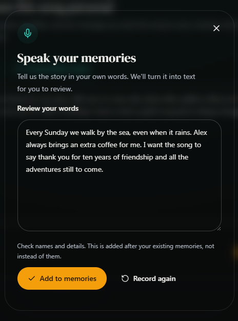 Review the transcribed words and select Add to memories. Desktop view. Highlighted: Check names and details, Add to memories.