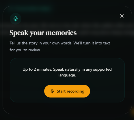 The voice dialog contains the Start recording button. Desktop view. Highlighted: Start recording.