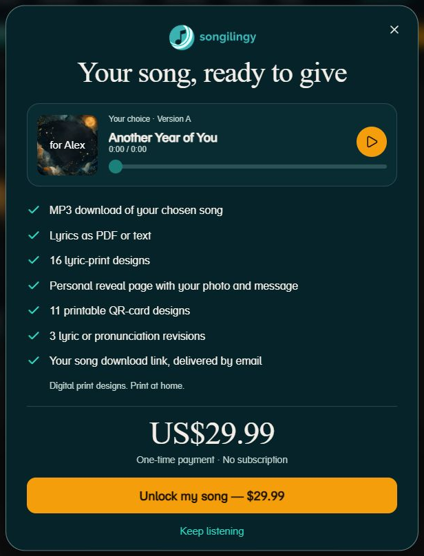 The unlock popup lists everything included, the one-time price and the checkout button. Computer view. Highlighted: Continue to secure checkout, Return to your samples.