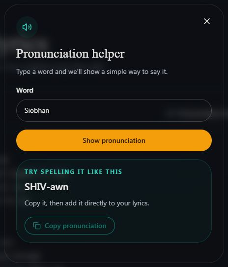 Pronunciation suggestion SHIV-awn with Copy pronunciation, ready to paste into the lyrics. Computer view. Highlighted: Copy the suggested spelling.