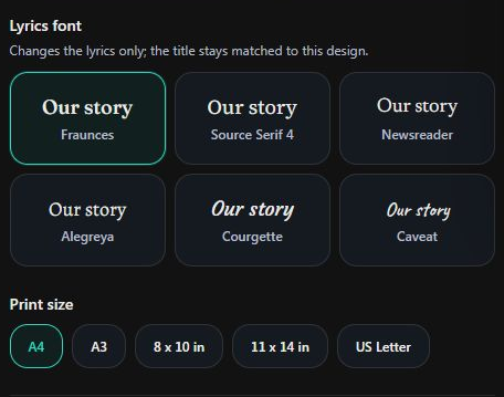 Lyrics font choices and print paper sizes. Computer view. Highlighted: Choose the lyrics font, Choose the paper size.