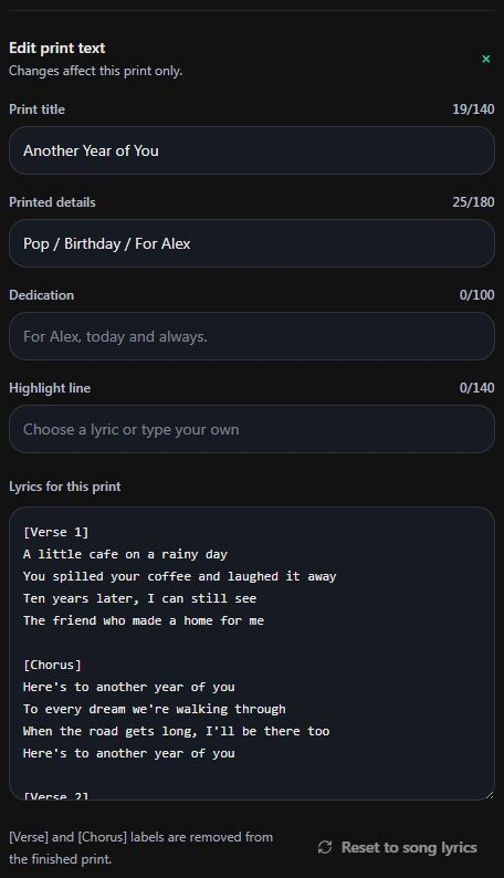 Edit print text controls for the print title, details, dedication, highlight line and printed lyrics. Computer view. Highlighted: Edit the print title, Edit only the words on the print.