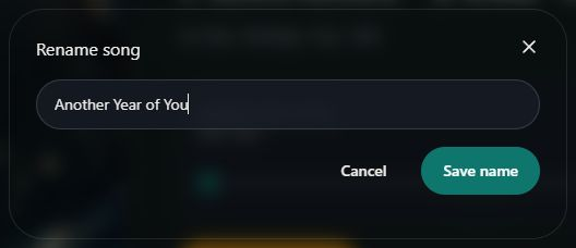 Rename song dialog with Song name and Save name. Computer view. Highlighted: Enter the new song name, Save the new name.