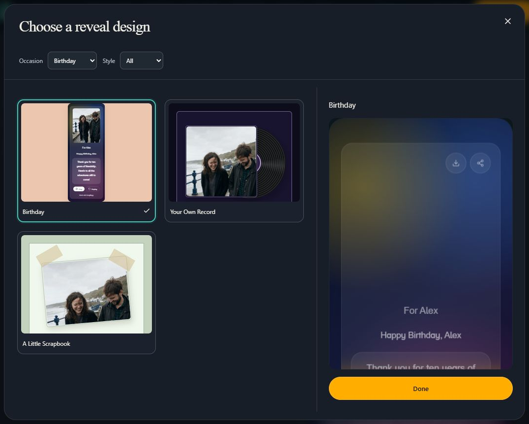 Filter the designs, then tap a design to select it. Computer view. Highlighted: Filter by occasion, Click a design to select it.