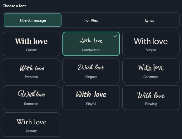 Choose a font separately for the title and message, recipient name or lyrics. Computer view. Highlighted: Choose which words to style, Choose a font.