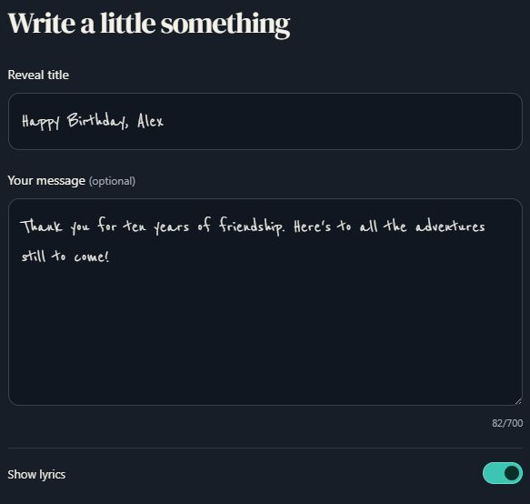Write the reveal title and personal message. Computer view. Highlighted: Write the reveal title, Add your message.