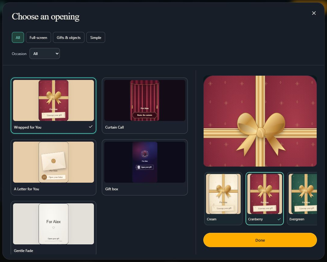 Wrapped for You opening selected with its wrapping style cards and preview. Computer view. Highlighted: Choose an opening, Choose a wrapping style, Return to the editor.