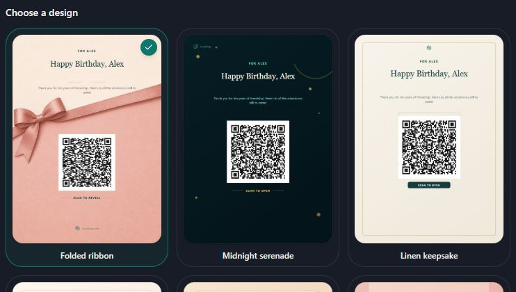 Real QR-card design choices with Folded ribbon selected. Computer view. Highlighted: Choose a QR-card design.