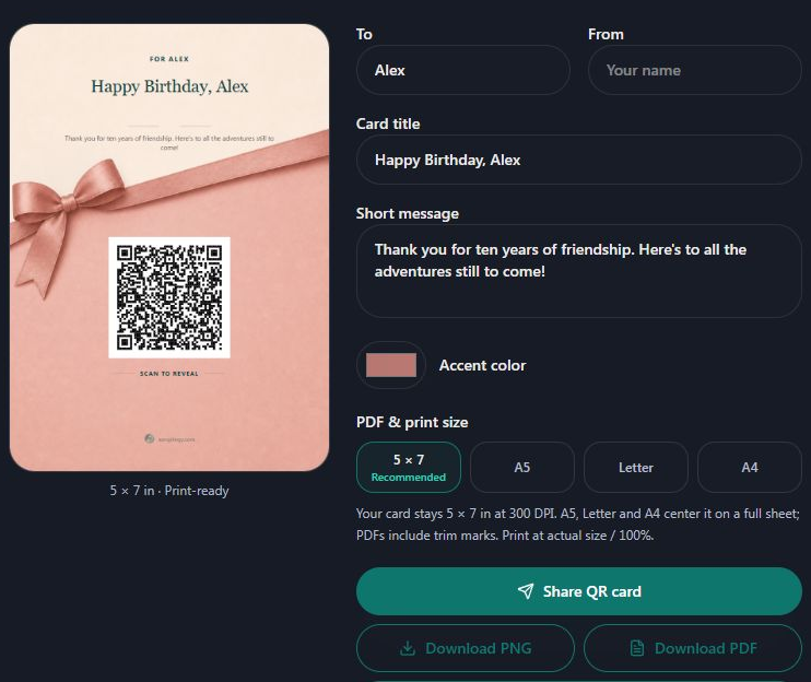 Choose the paper size for the QR card. Computer view. Highlighted: Choose the paper size.