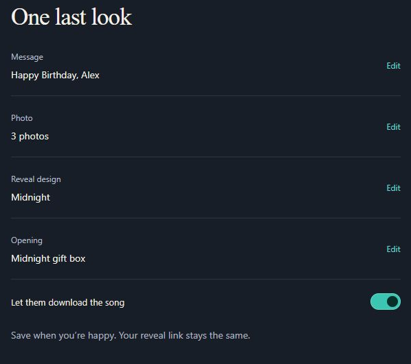 Review the message, photos, song-page design and opening, and choose whether the recipient can download the song. Computer view. Highlighted: Allow or hide the download button.