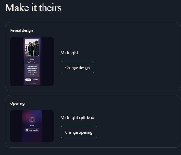 The current Style step has separate controls for the song-page design and gift opening. Computer view. Highlighted: Choose the song-page design, Choose how the gift opens.