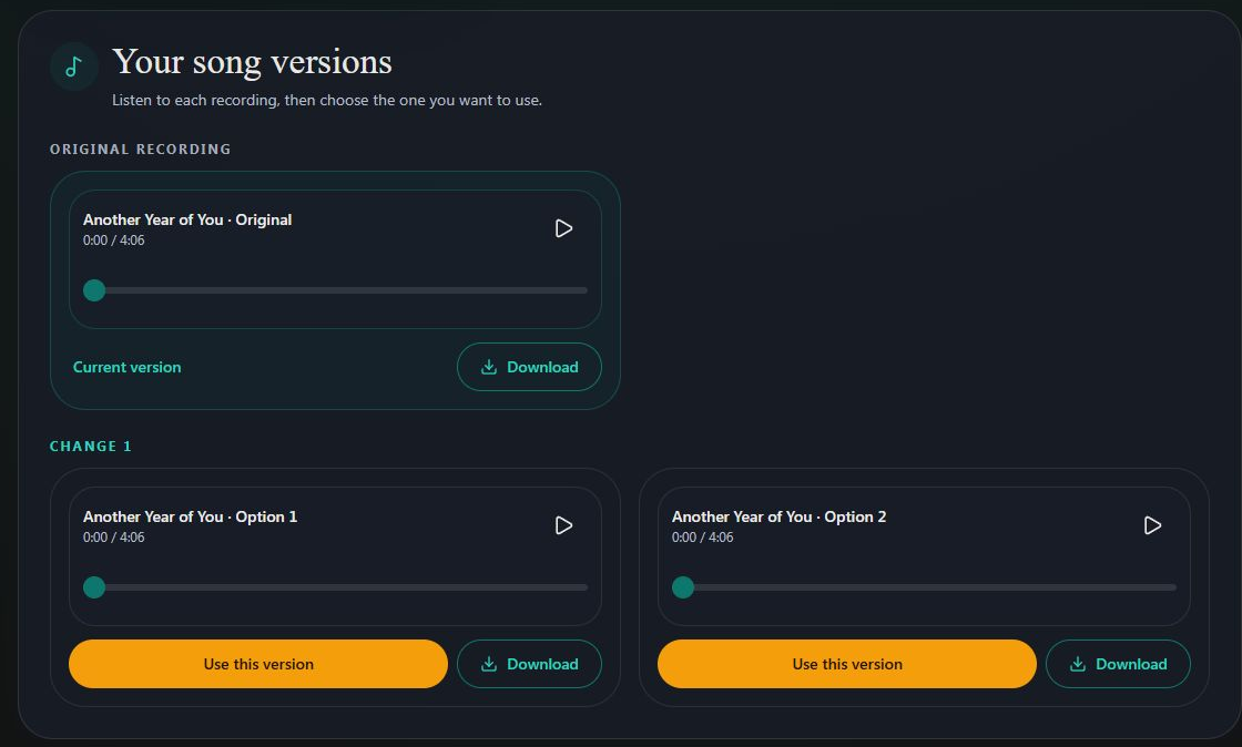 Your song versions shows the original recording, Current version and Use this version for revised recordings. Computer view. Highlighted: Keep this revised recording.