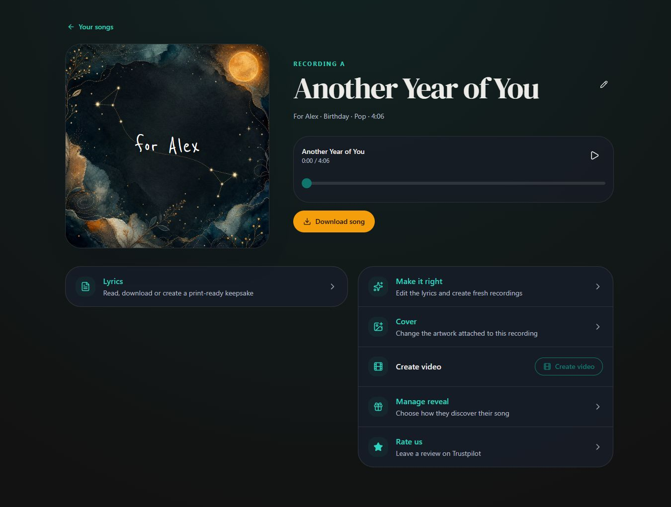 Your unlocked song with Download song, Lyrics and Manage reveal. Desktop view. Highlighted: Download song, Lyrics, Manage reveal.