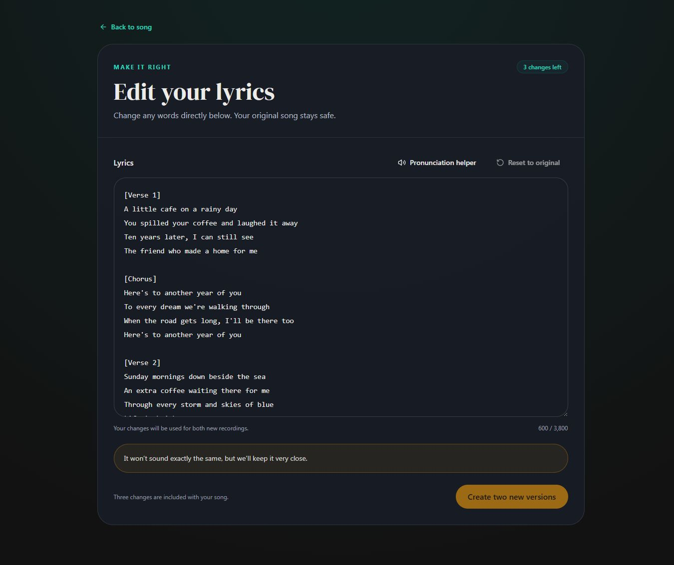 Edit your lyrics, use Pronunciation helper and create two new versions. Desktop view. Highlighted: Pronunciation helper, Create two new versions.