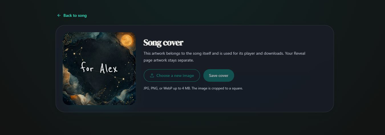 Choose a new image and save the artwork for your recording. Desktop view. Highlighted: Choose a new image, Save cover.