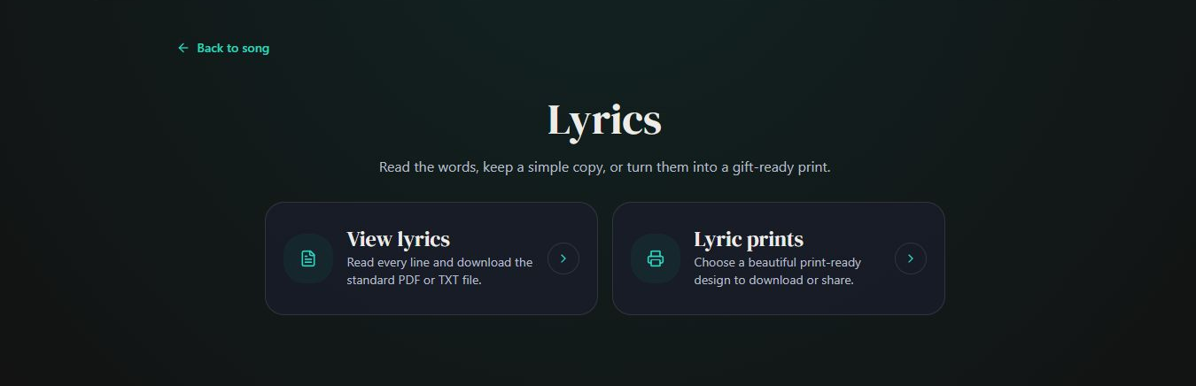 Choose View lyrics for text files or Lyric prints for a designed keepsake. Desktop view. Highlighted: View lyrics, Lyric prints.