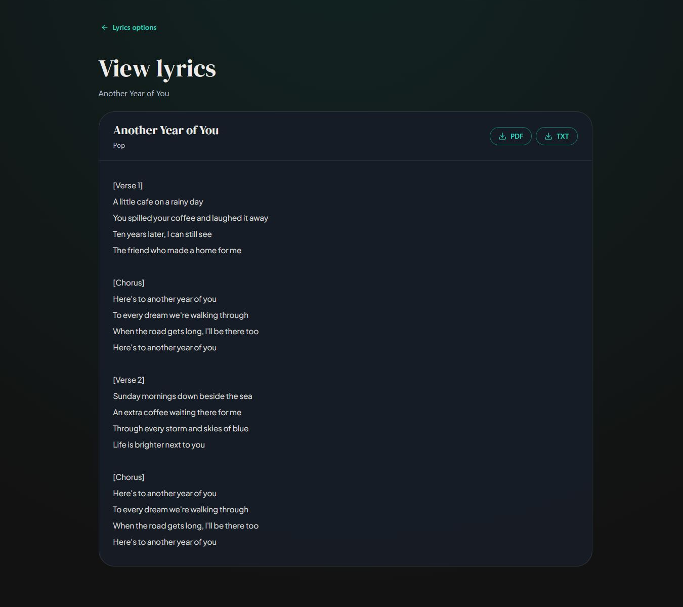 Read your lyrics and choose PDF or TXT to download them. Desktop view. Highlighted: PDF, TXT.