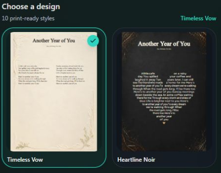 Choose a lyric print design. Desktop view. Highlighted: Timeless Vow.