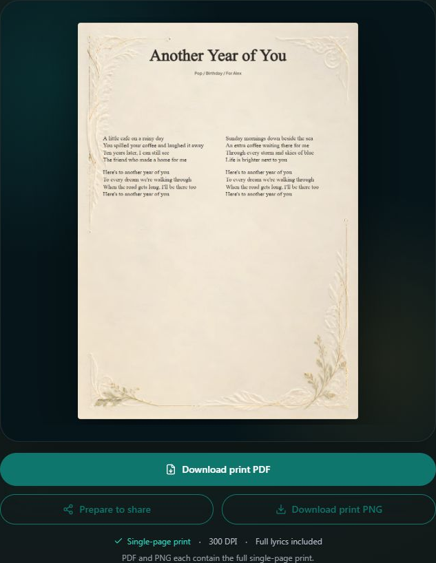 Preview your lyric print and download the PDF or PNG. Desktop view. Highlighted: Download print PDF, Download print PNG.