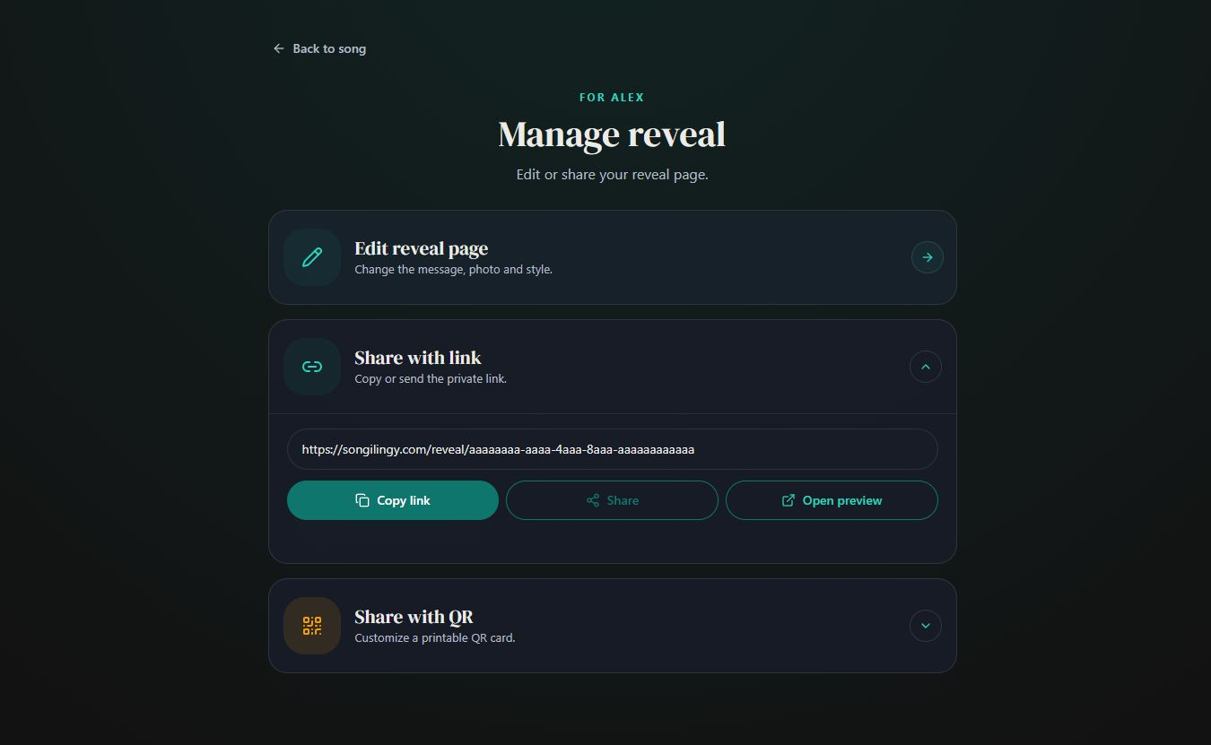 Copy your reveal link or open its preview. Desktop view. Highlighted: Copy link, Open preview.