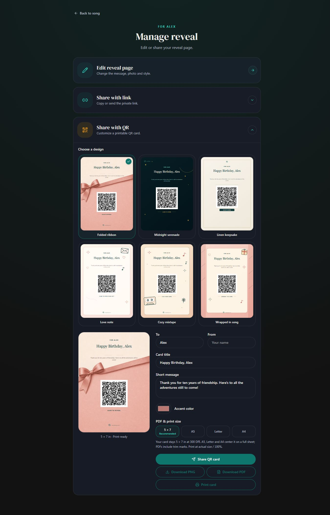 Choose and personalize a QR card, then download PNG or PDF. Desktop view. Highlighted: Download PNG, Download PDF.