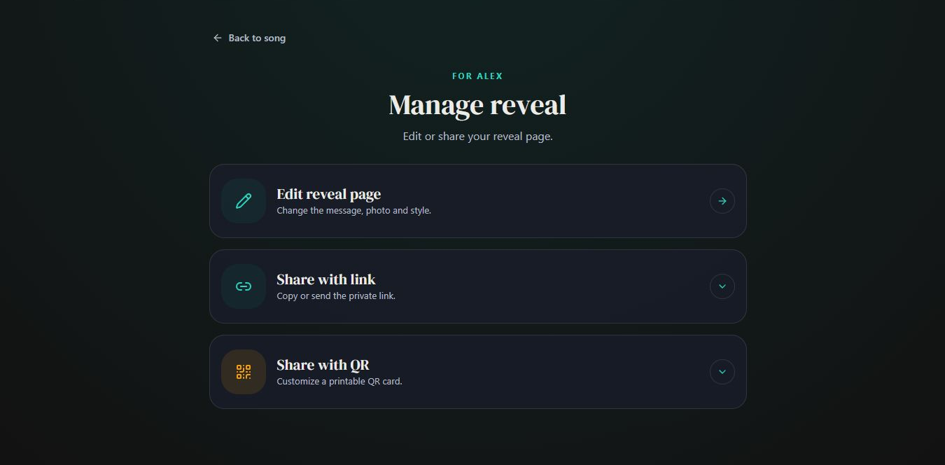 Manage reveal with options to edit, share a link or make a QR card. Desktop view. Highlighted: Share with link, Share with QR.