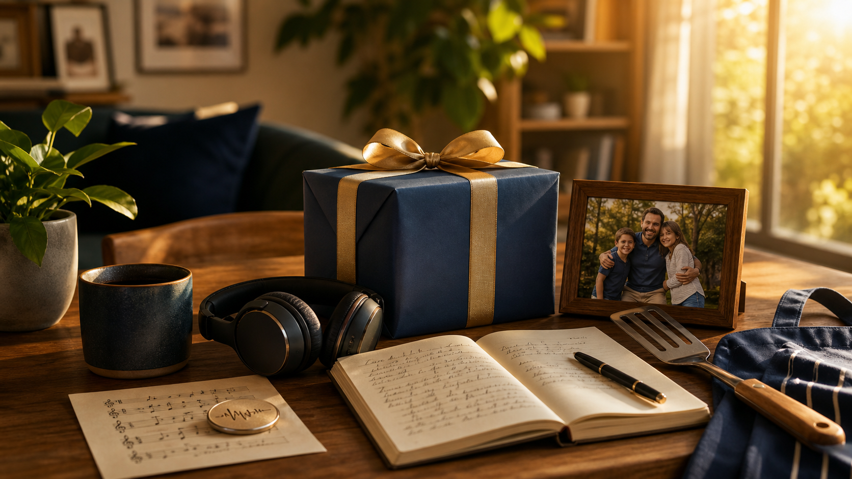A father opening a thoughtful Father's Day gift with his family gathered around him