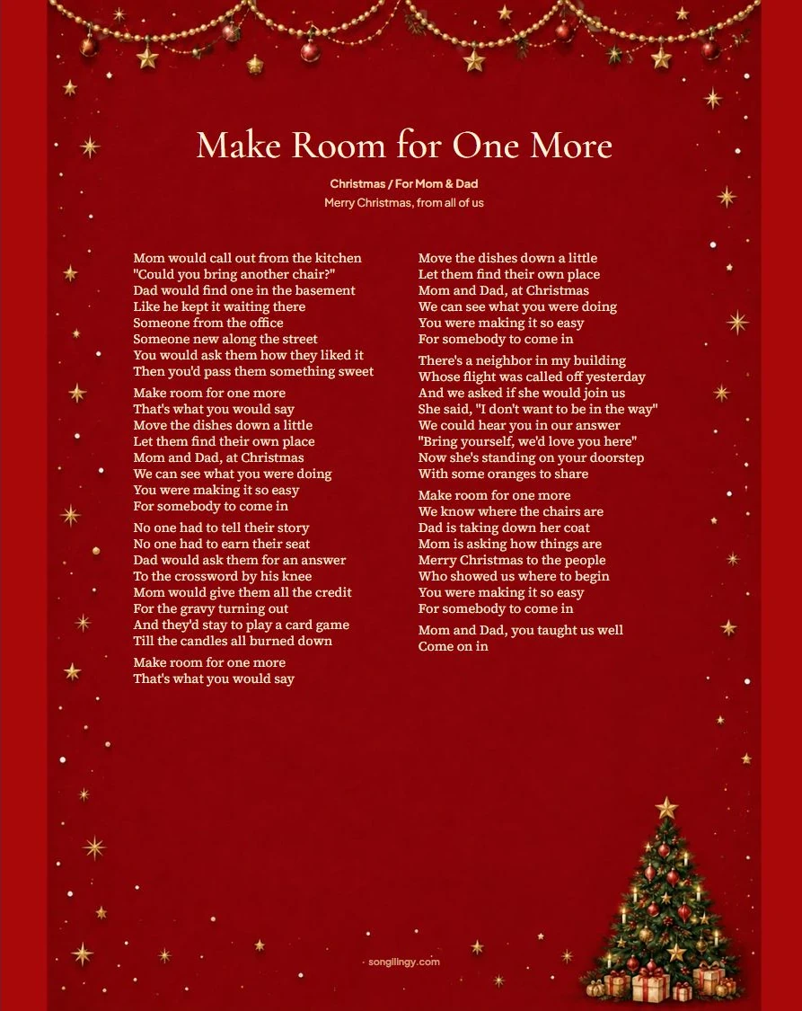 Make Room for One More, a Christmas song for Mom and Dad, in Songilingy's red Christmas Tree lyric-print design