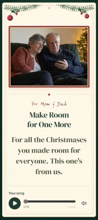 Make Room for One More on a Songilingy Christmas reveal for Mom and Dad, with their photo, a family message and song player